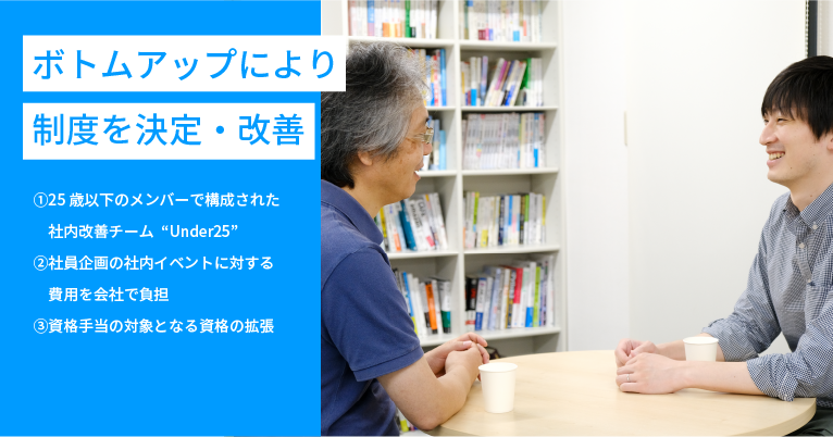 ボトムアップにより制度を決定・改善 ①25歳以下のメンバーで構成された社内改善チーム“Under25”②社員企画の社内イベントに対する費用を会社で負担③資格手当の対象となる資格の拡張
